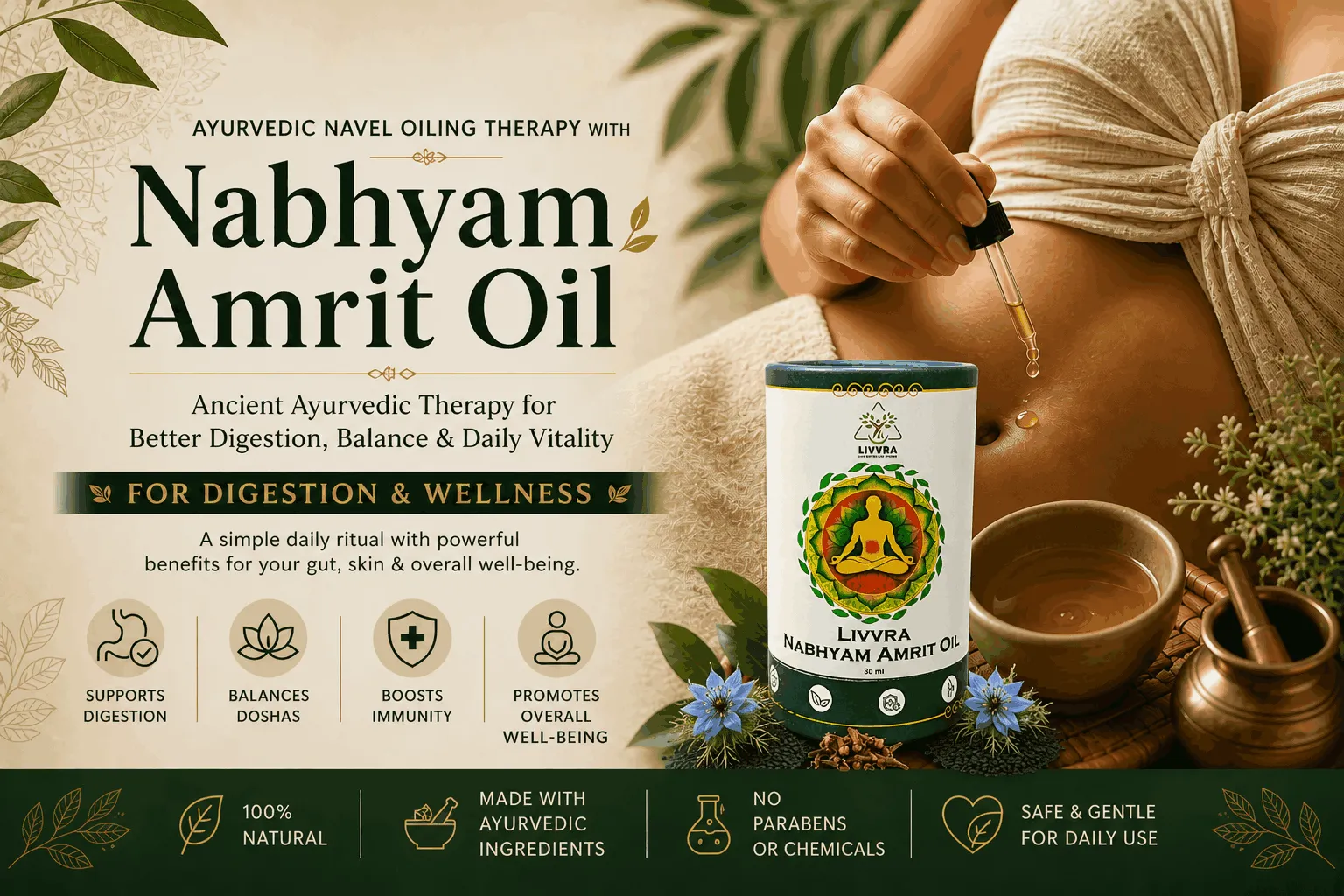 Ayurvedic Navel Oiling Therapy with Nabhyam Amrit Oil for digestion and wellness