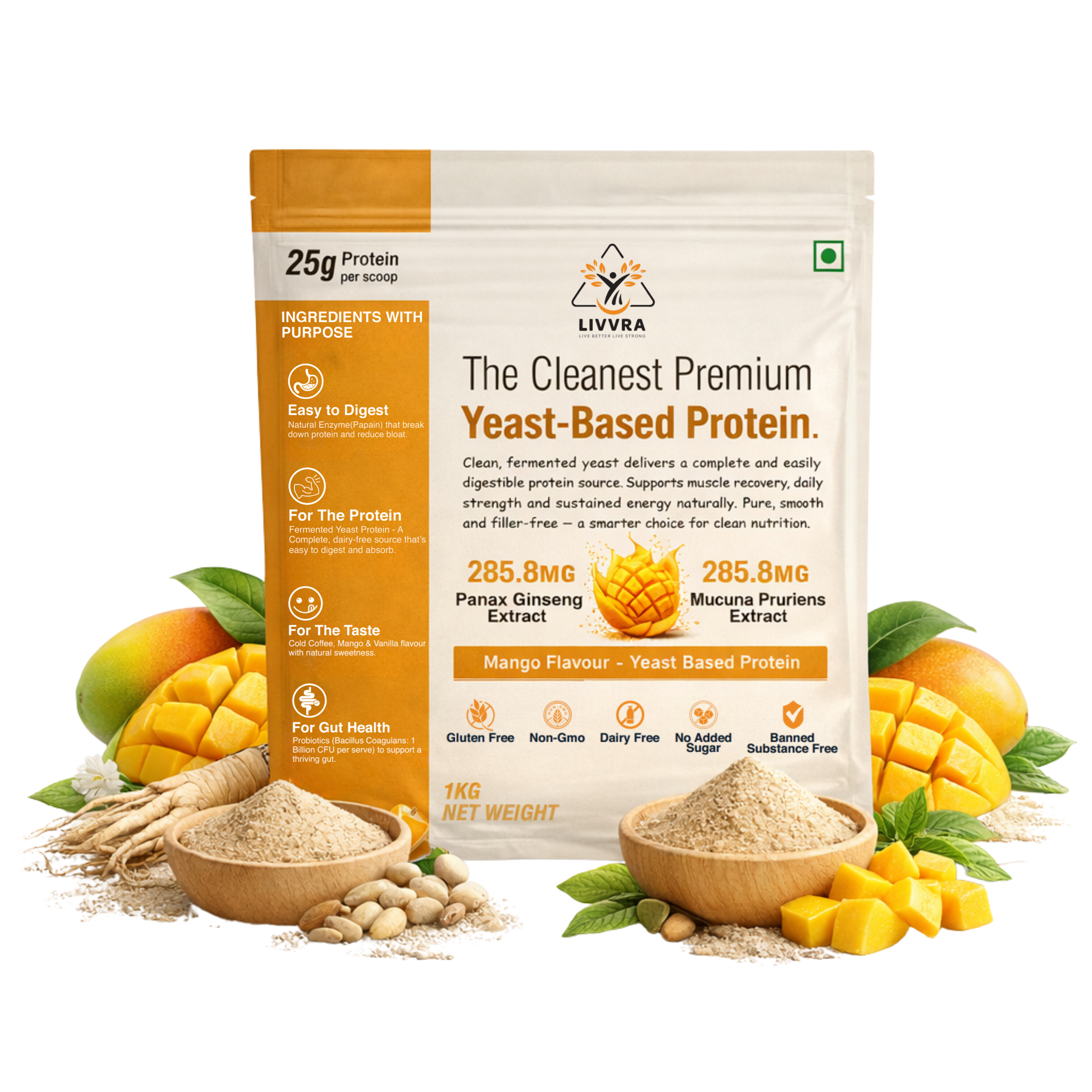 LIVVRA Yeast-Based Protein – Mango Flavour (1kg)